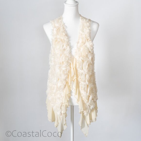 Pretty Angel Ivory Floral Rosette Ruffle Vest L Silk Blend Whimsical Festival - Picture 1 of 12